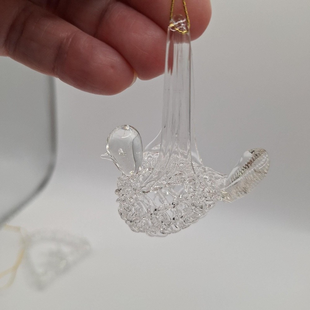 Vintage Spun Glass Christmas Ornaments Set 2 Clear Birds Spaghetti Glass - Picture 6 of 10